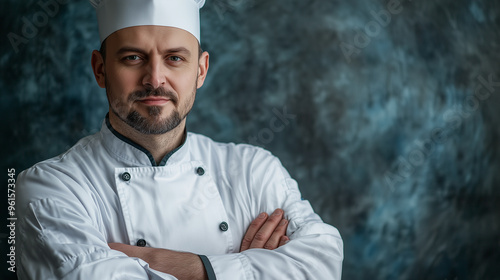 Professional male chef with beard and crossed arms posing for a photo at the gray background.
