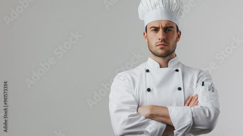 Chef man with arms folded, looking at camera, with space for photocopying, light background