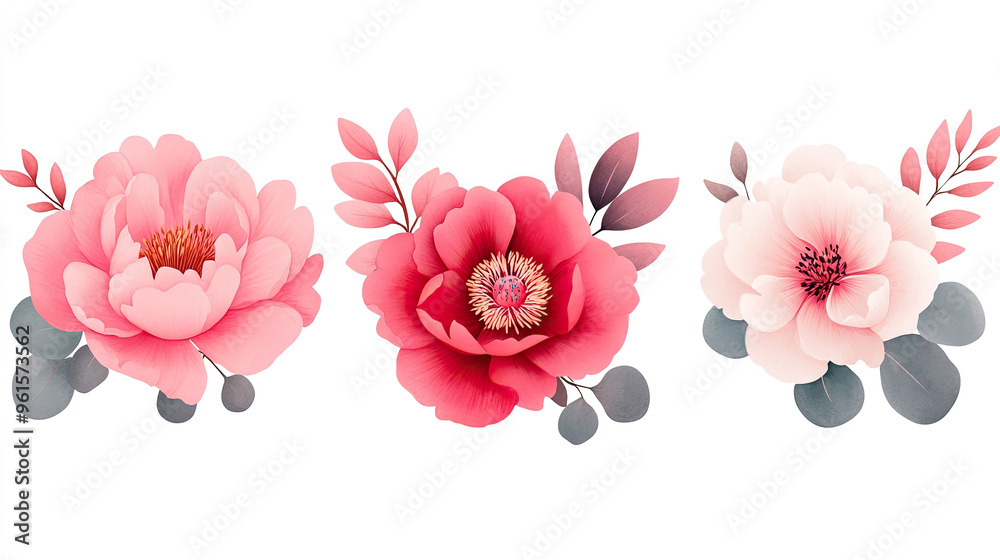 Obraz premium A vibrant collection of three beautiful floral arrangements featuring soft pink and white blooms with delicate leaves.