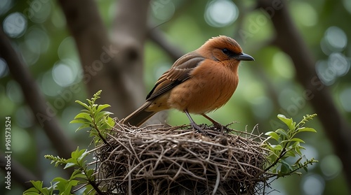 A bird perched on top of a nest in a tree. This image can be used to depict the beauty of nature and the nurturing instinct of birds . generative.ai 