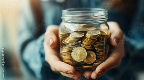 Woman's hand holding a jar containing coins, saving money concept