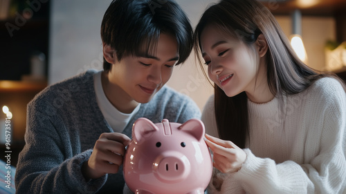 Portrait of young couple putting banknote to piggybank. Saving money wealth and financial concept, Business, finance, investment, Financial planning..