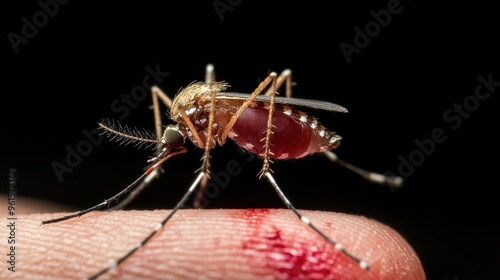 Close-up of a mosquito feeding on human blood against a black background. photo