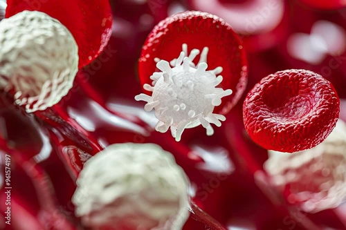 A surreal close-up of red blood cells and white blood cells illuminated by a soft, ethereal light in a pulsating blood vessel photo