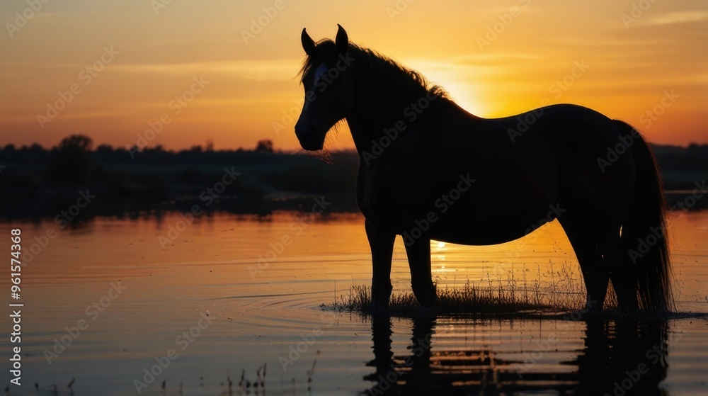 Silhouette of a horse on lake shore at sunset Silhouette of a horse on lake shore at sunset