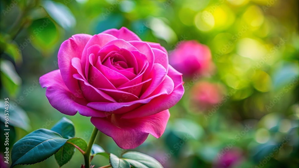Vibrant pink rose with green leaves in focus against blurred background of foliage Vibrant pink rose with green leaves in focus against blurred background of foliage