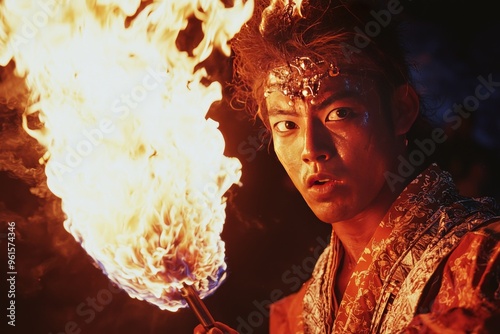 Striking Close-Up of a Man Holding a Flaming Torch During the Kurama Fire Festival with Fiery Glow and Traditional Attire photo