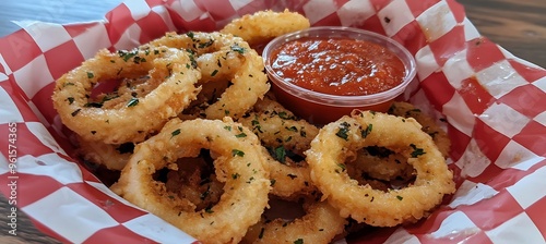 A basket of crispy calamari rings served with a zesty marinara sauce photo