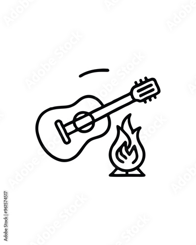 Editable stroke vector of an acoustic guitar being played over a campfire.