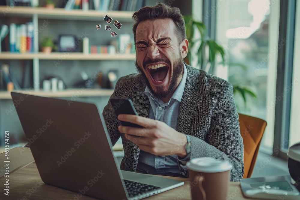 The portrait shows a sleepy, tired businessman snoozing and drinking coffee at work The portrait shows a sleepy, tired businessman snoozing and drinking coffee at work