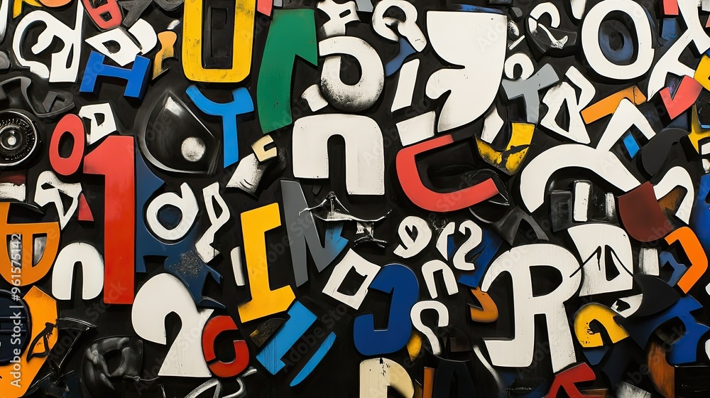 Obraz premium A colorful collage of various letters and numbers arranged artistically on a dark background.