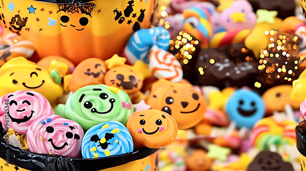 A cheerful candy bucket filled with grinning sweets, surrounded by twinkling stars and colorful pumpkins, with lollipops and chocolates wearing cute faces, a magical and playful Halloween theme, A cheerful candy bucket filled with grinning sweets, surrounded by twinkling stars and colorful pumpkins, with lollipops and chocolates wearing cute faces, a magical and playful Halloween theme,