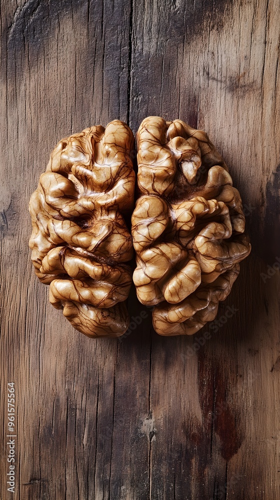 Close-up of walnuts shaped like a brain on a rustic wooden table, natural brain food, symbolic imagery. Close-up of walnuts shaped like a brain on a rustic wooden table, natural brain food, symbolic imagery.
