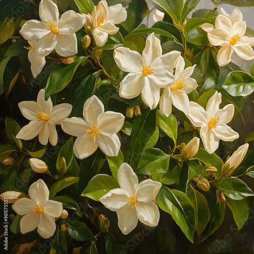 Lifelike high-resolution photo of crape jasmine, capturing the delicate beauty of its petals