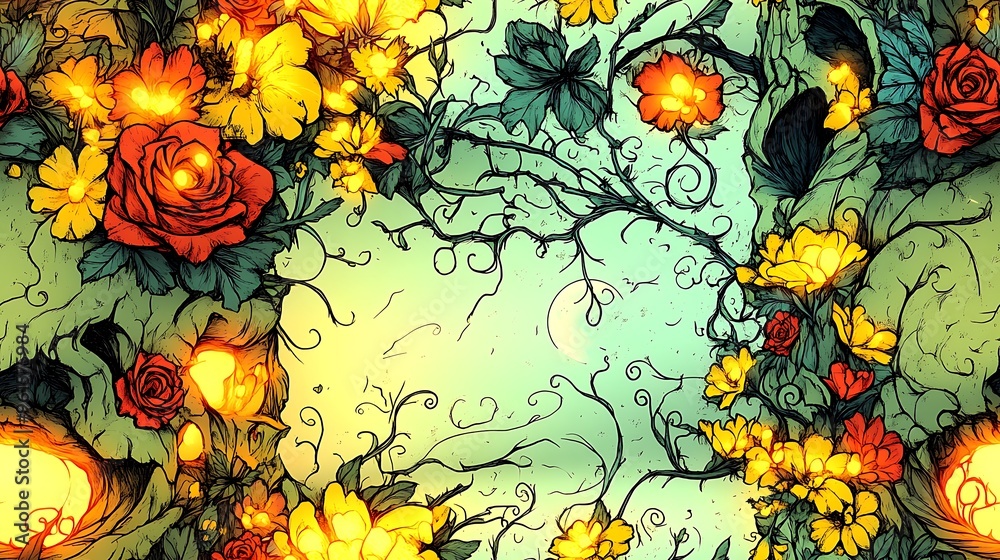 A beautifully crafted skull adorned with roses and marigolds, with intricate floral details, glowing softly under moonlight, surrounded by swirling vines and glowing petals, A beautifully crafted skull adorned with roses and marigolds, with intricate floral details, glowing softly under moonlight, surrounded by swirling vines and glowing petals,