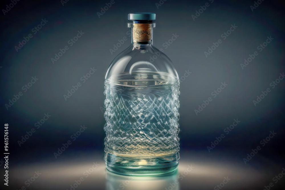 Clear glass bottle with cork stopper on reflective surface. Clear glass bottle with cork stopper on reflective surface.