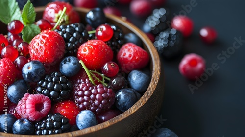 Assortment of colorful berries in a wooden bowl, rich in antioxidants, brain health focus.