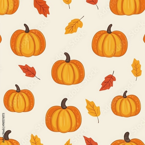 Pumpkin and autumn leaves seamless pattern vector presentation background, pastel orange color scheme, halloween pattern