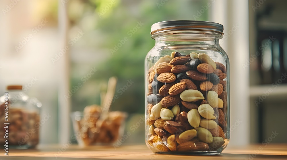 Mixed nuts and seeds in a glass jar, brain-boosting snack, healthy and natural food storage. Mixed nuts and seeds in a glass jar, brain-boosting snack, healthy and natural food storage.