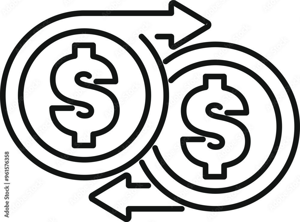 Simple line art icon of a money exchange concept with two dollar coins exchanging funds Simple line art icon of a money exchange concept with two dollar coins exchanging funds