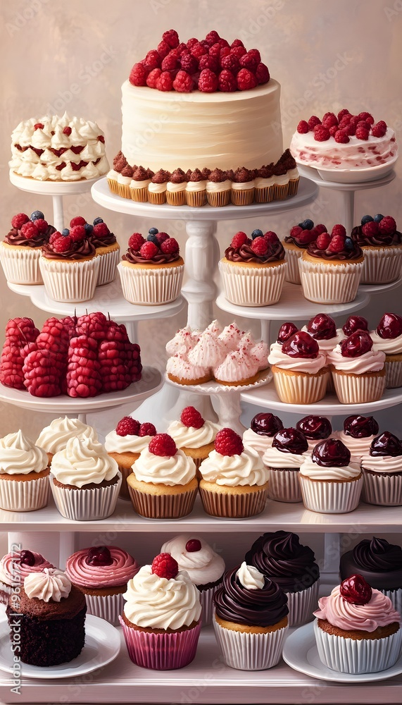 Illustration of Cupcakes and Cake on a Tiered Stand