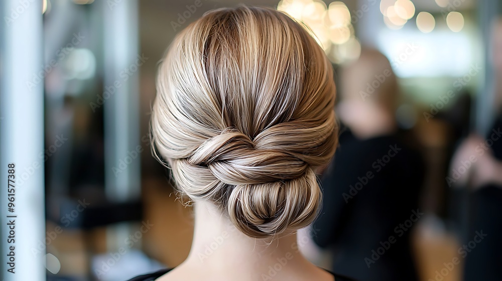 An elegant updo hairstyle in a blonde bun, seen from the back, showcasing timeless sophistication. An elegant updo hairstyle in a blonde bun, seen from the back, showcasing timeless sophistication.