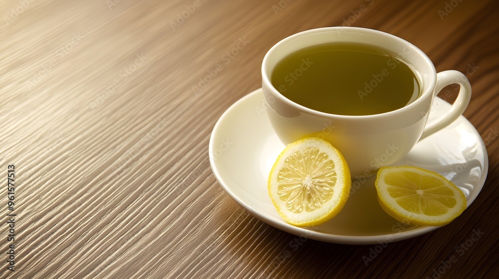 Cup of green tea with a lemon wedge on the side, rich in antioxidants, brain-stimulating beverage. Cup of green tea with a lemon wedge on the side, rich in antioxidants, brain-stimulating beverage.