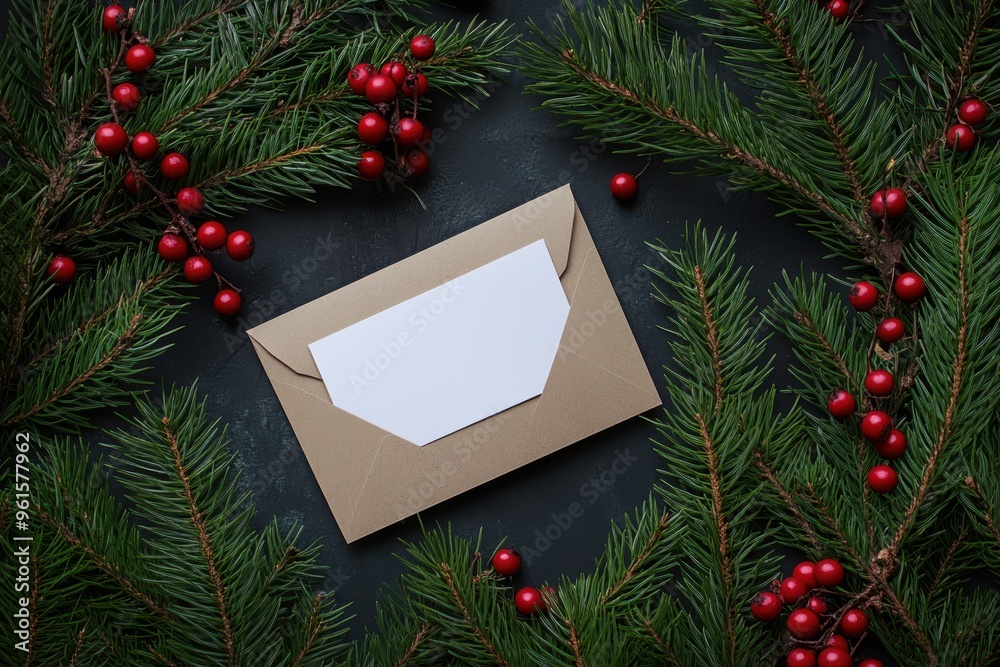 A holiday-themed flat-lay featuring an envelope with a blank card nestled among green pine A holiday-themed flat-lay featuring an envelope with a blank card nestled among green pine