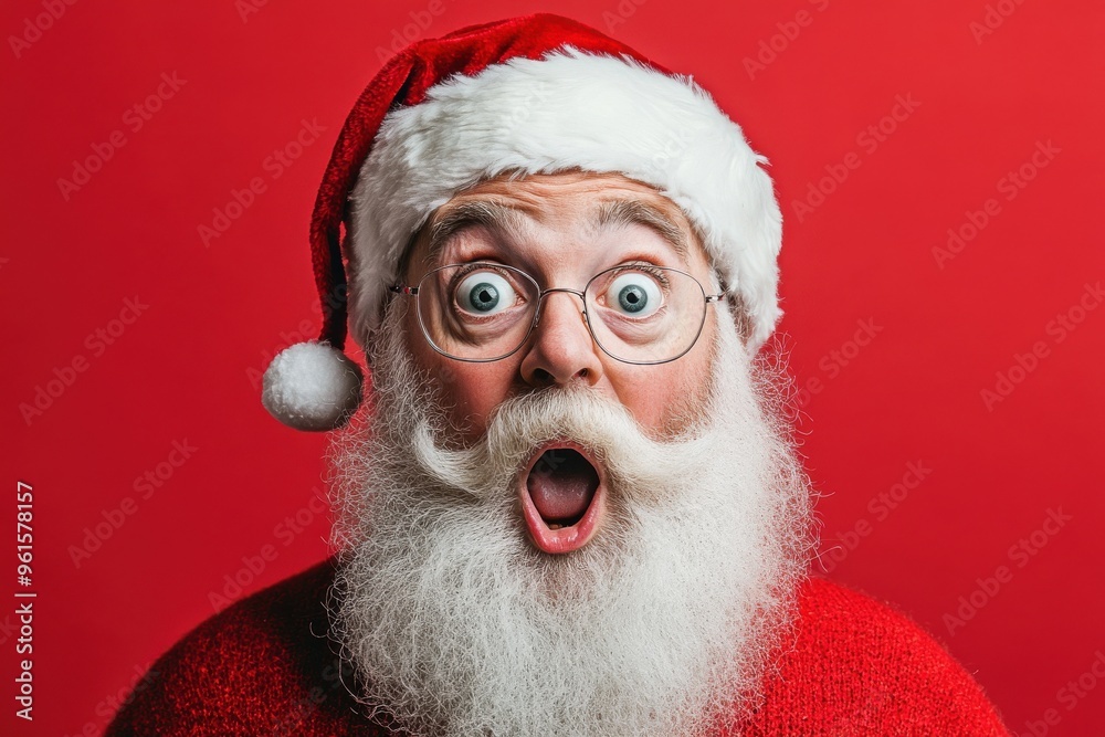 A humorous and eye-catching image of Santa Claus with a wide-eyed, A humorous and eye-catching image of Santa Claus with a wide-eyed,