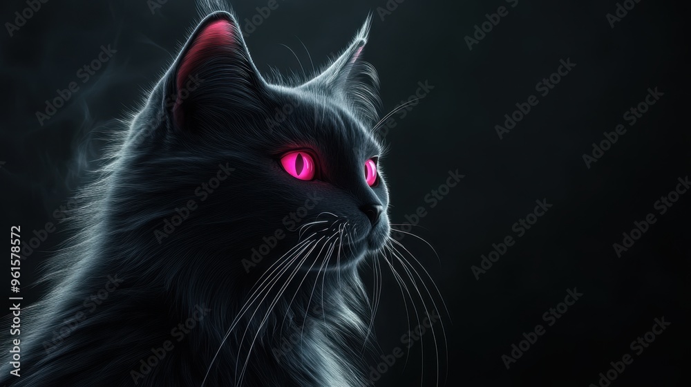 Majestic Black Cat with Striking Pink Eyes on Dark Background