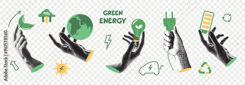 Ecological zero waste lifestyle and sustainability elements set. Collage design elements in trendy dotted pop art style. Hands holding battery, Earth globe, plant, power saving lamp. Retro halftone