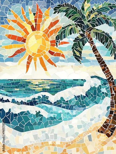 Colorful Mosaic Beach Party Background Featuring Palms, Sand, Sun, and Sea for a Vibrant Poster New Beautiful Stock Image Illustration AI