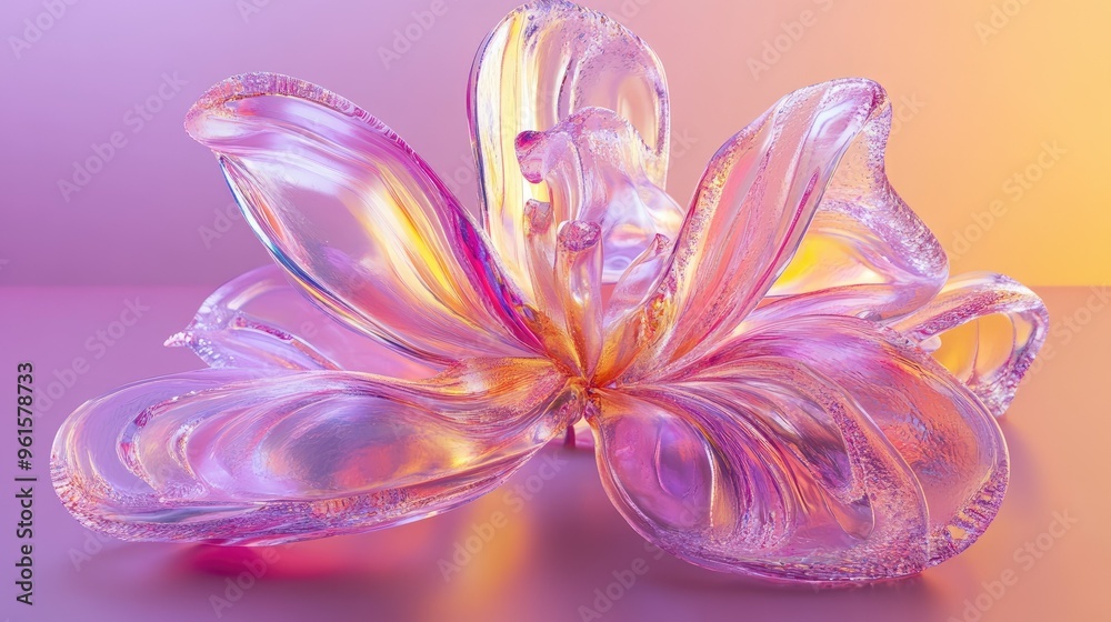 Fototapeta premium 3D render of an otherworldly flower with elegant curves and transparent materials in a mix of pink, purple, and yellow.