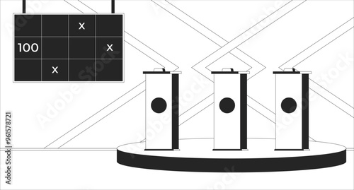 Game show studio with push buzzers and score display black and white line illustration. TV quiz show, pushbuttons. Television broadcasting 2D interior monochrome backdrop. Channel outline vector photo