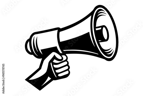 Hand-holding megaphone bullhorn silhouette isolated on a white background 
