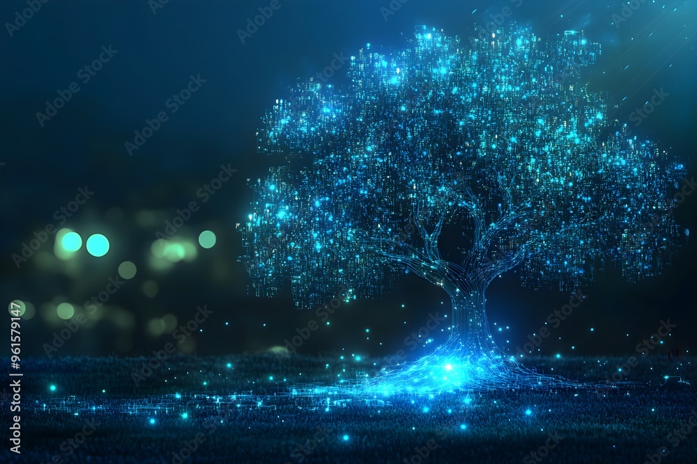 A tree with glowing leaves is the main focus of the image A tree with glowing leaves is the main focus of the image