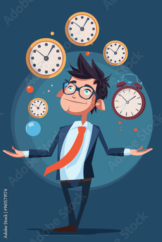 Punctual Businessman Juggling Clock, Time Management and Productivity Concept