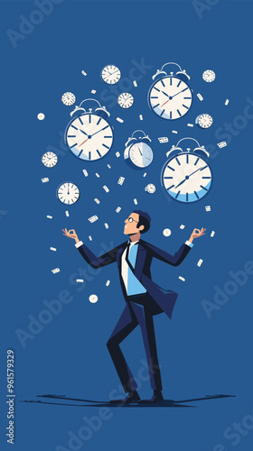 Punctual Businessman Juggling Clock, Time Management and Productivity Concept