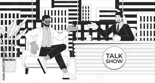 Talk show on TV black and white line illustration. Personality interview celebrity 2D characters monochrome background. Host guest. Late-night television production. Broadcasting outline vector image