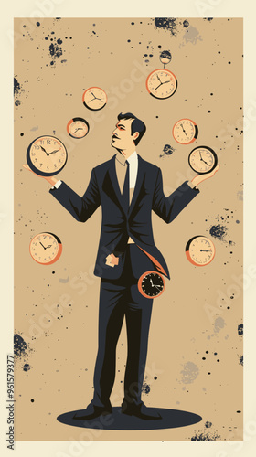 Punctual Businessman Juggling Clock, Time Management and Productivity Concept