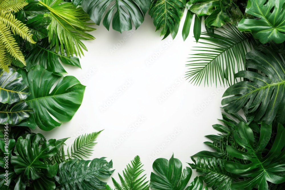 A lush arrangement of various tropical leaves forming a natural border around a blank A lush arrangement of various tropical leaves forming a natural border around a blank