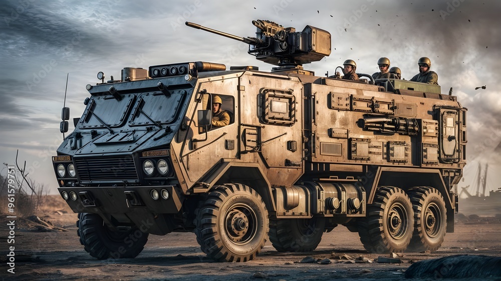 A military vehicle with a gun on the front and the word army on the side. A military vehicle with a gun on the front and the word army on the side.
