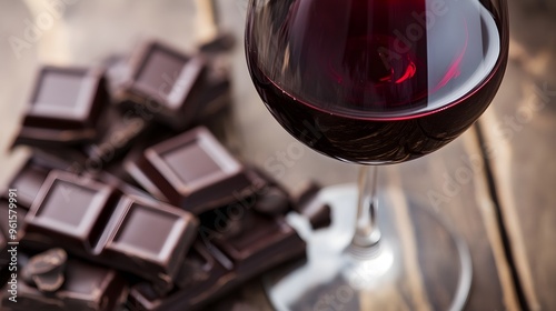 Glass of red wine with a side of dark chocolate, brain-boosting treat, rich in flavonoids. photo