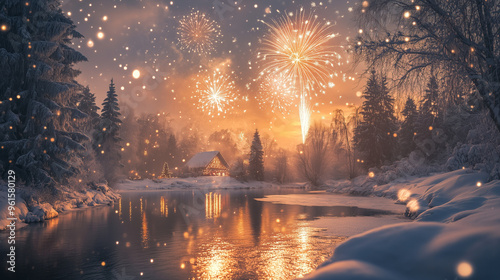 beautiful snowy landscape with fireworks in the sky