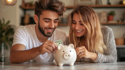 Young Couple putting money into piggy bank, saving money concept. Planning save many for new property