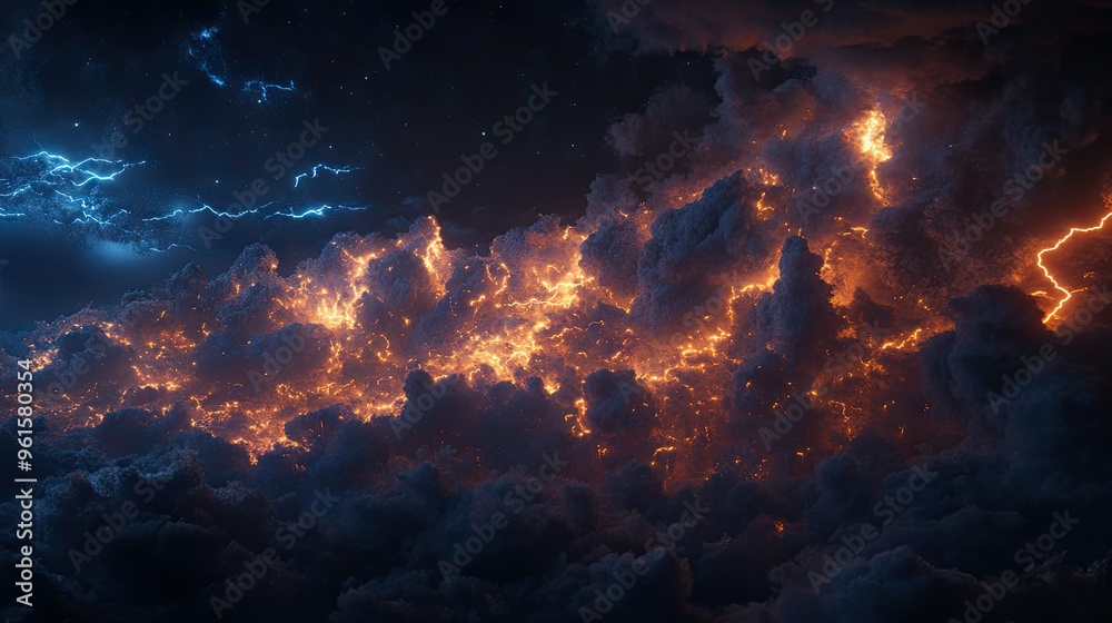 A night sky lit up by a series of lightning strikes, each bolt casting a brief but intense glow on the storm clouds. A night sky lit up by a series of lightning strikes, each bolt casting a brief but intense glow on the storm clouds.