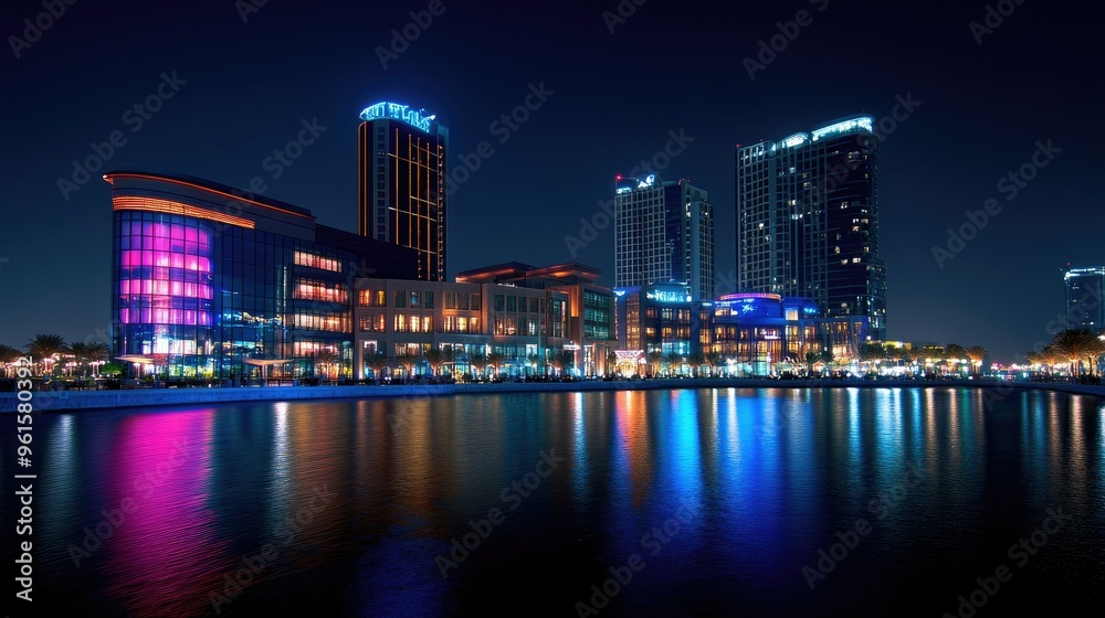 Fototapeta premium A night view of Festival City, featuring the brightly lit Hotel Crowne Plaza and Hotel Intercontinental against the skyline.