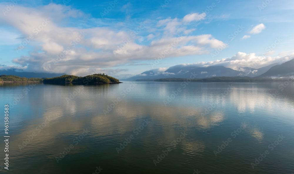 Panorama along the Inside Passage cruise, a morning mist landscape near Prince Rupert, British Columbia, Canada. Panorama along the Inside Passage cruise, a morning mist landscape near Prince Rupert, British Columbia, Canada.