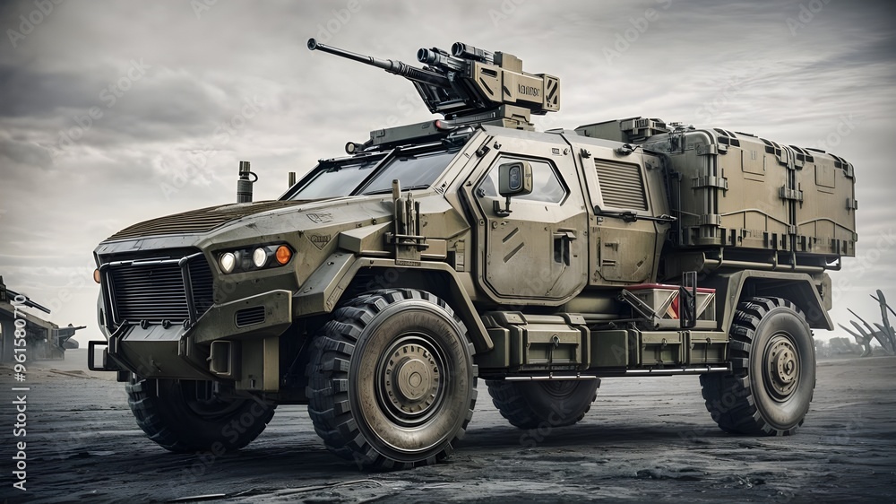 A military vehicle with a gun on the front and the word army on the side. A military vehicle with a gun on the front and the word army on the side.