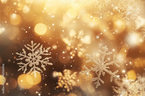 A magical winter scene featuring falling snowflakes of various shapes and sizes,
